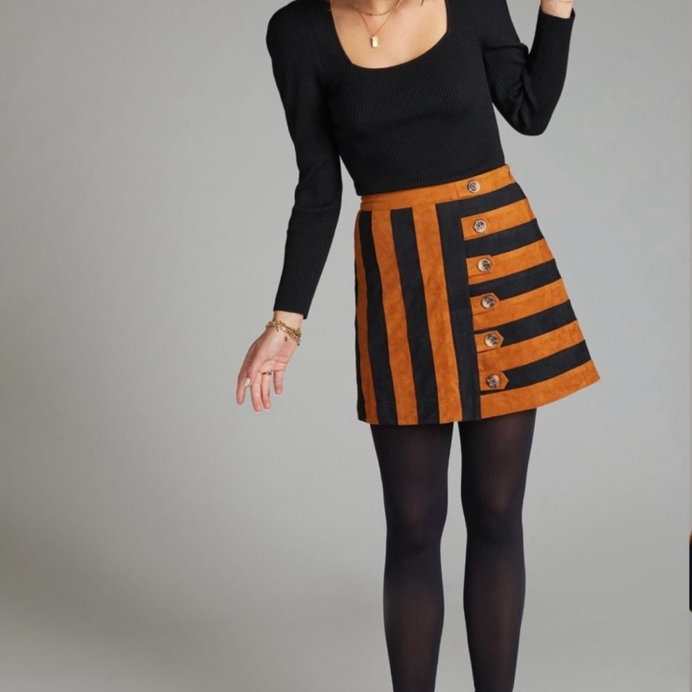 By Anthropologie Faux Suede Mini Skirt Black Brown Stripe Size 6